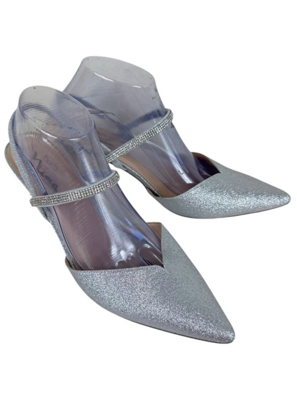 Nina Silver Glitter Shimmer Pointed Closed Toe Rhinestone Strappy Heels Size 11